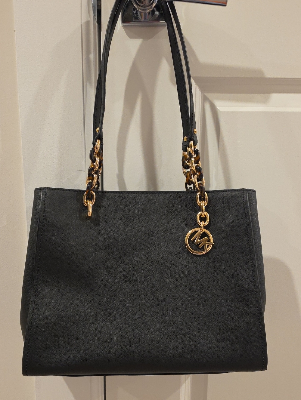 Michael Kors Black Saffiano Leather Shoulder Tote with Gold Hardware